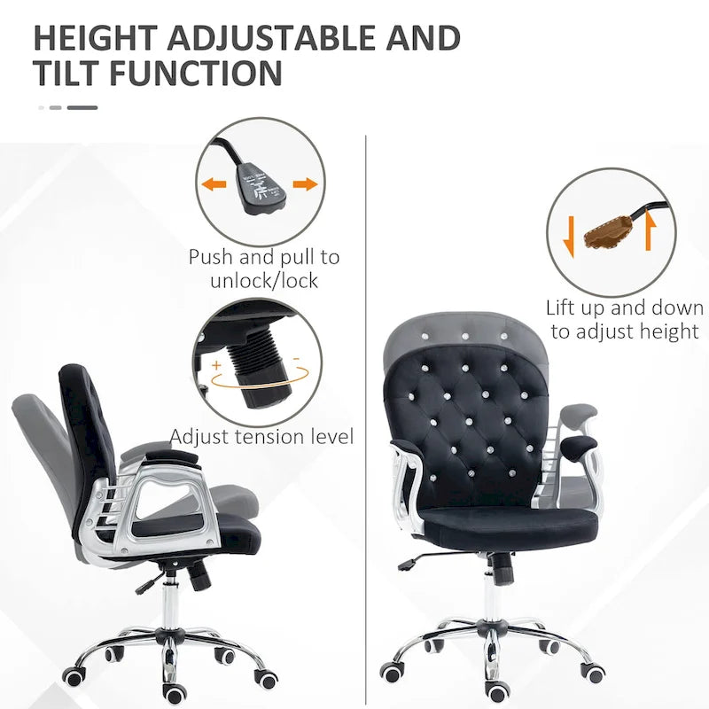 Chaise de bureau pivotante mi-dossier capitonnée en velours – Gris/Noir/Beige/Blanc/Rose, Individuelle