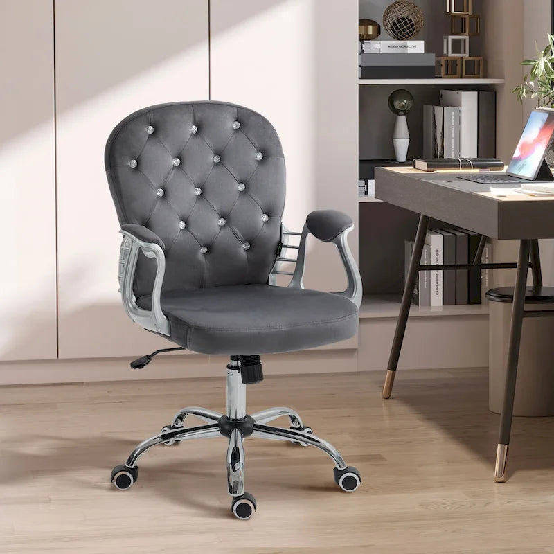 Chaise de bureau pivotante mi-dossier capitonnée en velours – Gris/Noir/Beige/Blanc/Rose, Individuelle