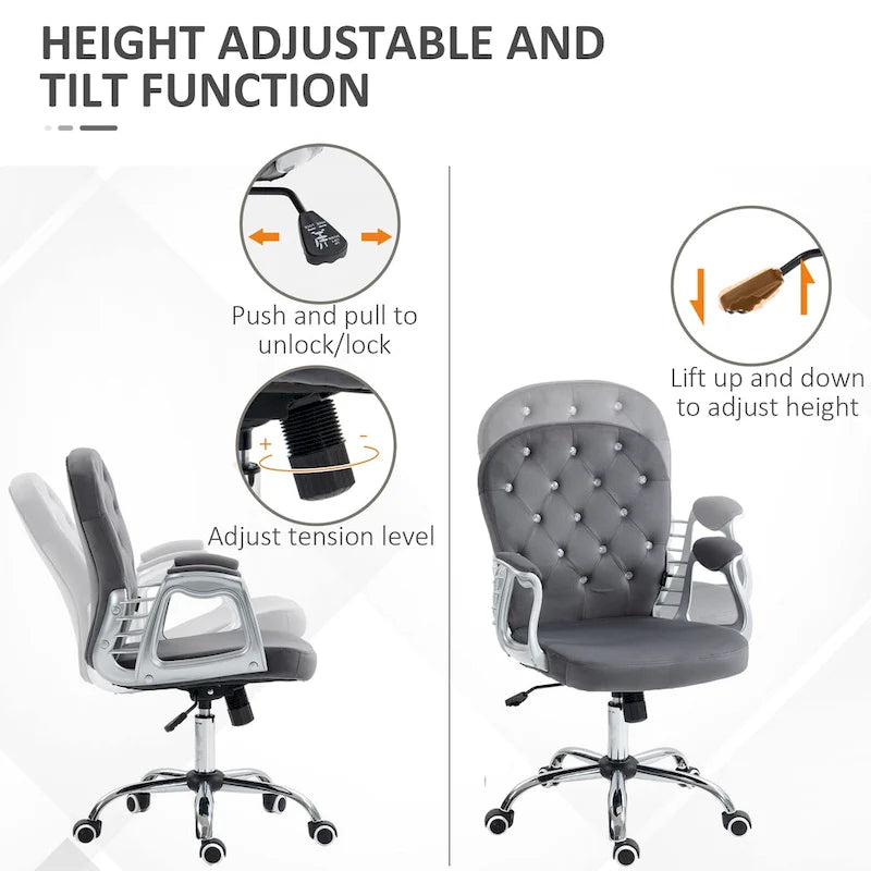 Chaise de bureau pivotante mi-dossier capitonnée en velours – Gris/Noir/Beige/Blanc/Rose, Individuelle