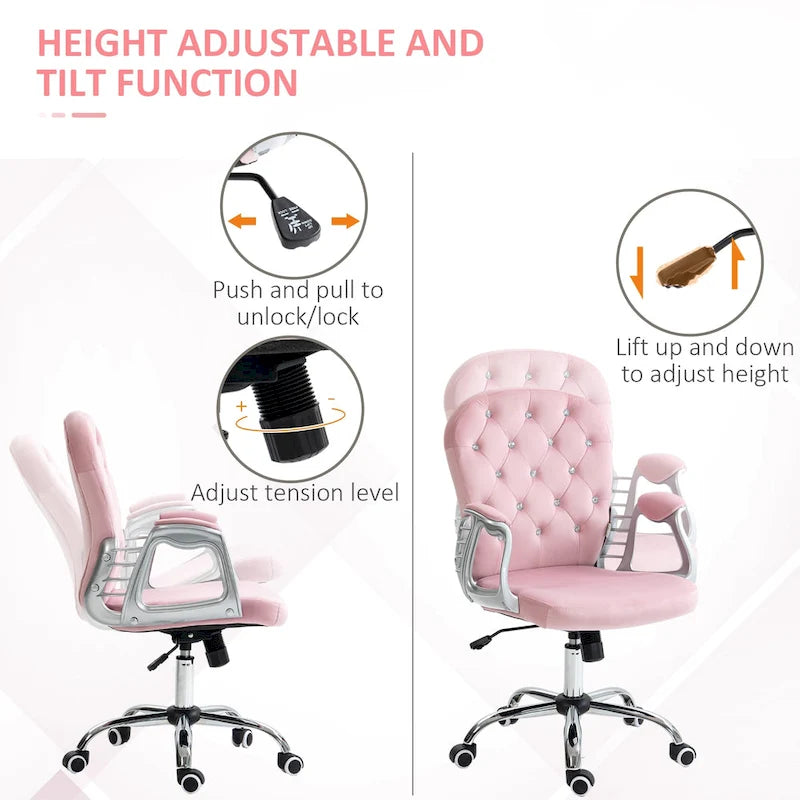 Chaise de bureau pivotante mi-dossier capitonnée en velours – Gris/Noir/Beige/Blanc/Rose, Individuelle