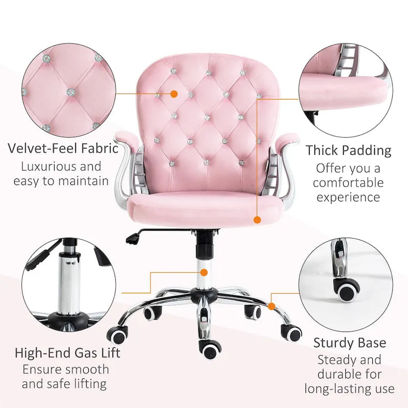 Chaise de bureau pivotante mi-dossier capitonnée en velours – Gris/Noir/Beige/Blanc/Rose, Individuelle