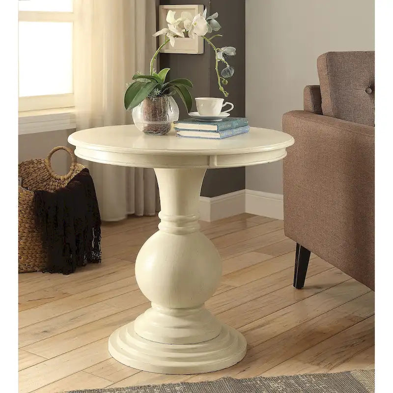 Table d'appoint antique à piedestal ronde en bois blanc