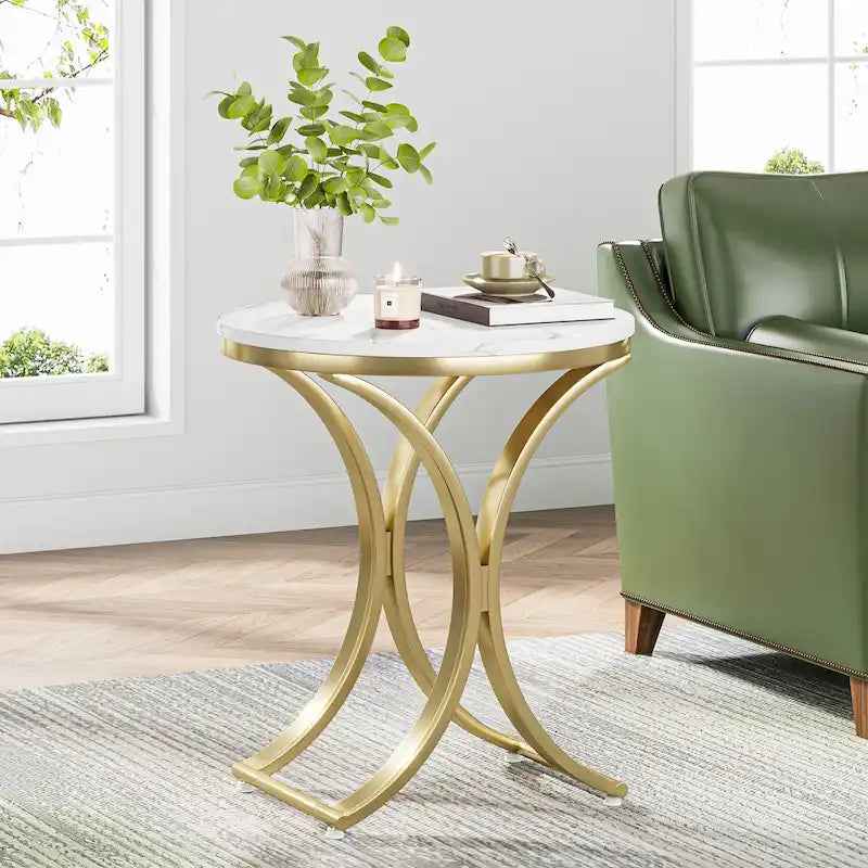 Table d'appoint ronde en forme de C, effet marbre blanc+or / marron rétro+noir, 1 personne