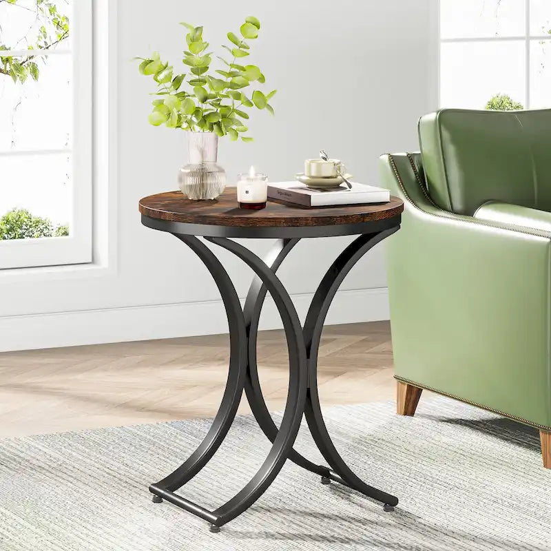 Table d'appoint ronde en forme de C, effet marbre blanc+or / marron rétro+noir, 1 personne