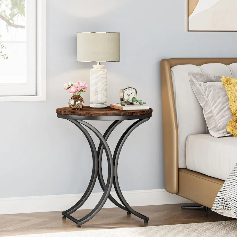 Table d'appoint ronde en forme de C, effet marbre blanc+or / marron rétro+noir, 1 personne