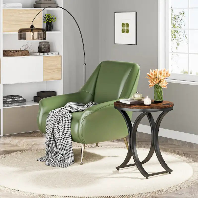Table d'appoint ronde en forme de C, effet marbre blanc+or / marron rétro+noir, 1 personne