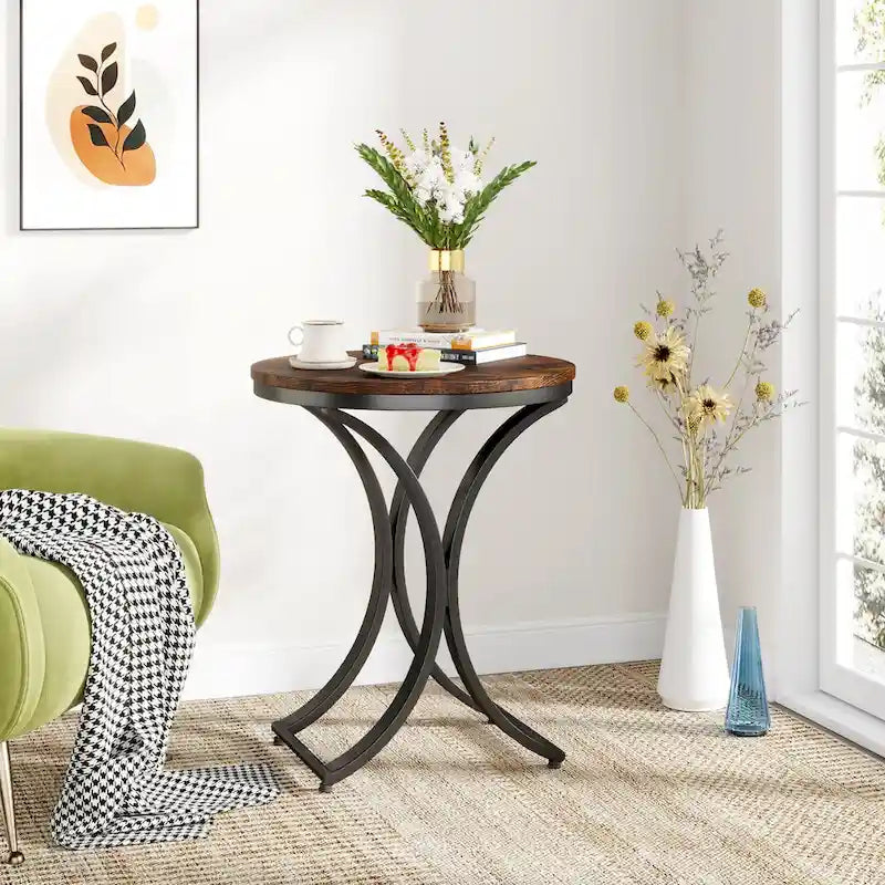 Table d'appoint ronde en forme de C, effet marbre blanc+or / marron rétro+noir, 1 personne