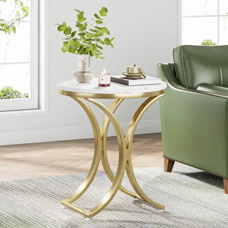 Table d'appoint ronde en forme de C, effet marbre blanc+or / marron rétro+noir, 1 personne