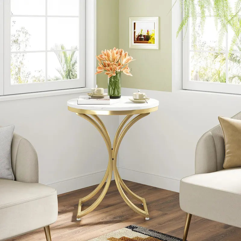Table d'appoint ronde en forme de C, effet marbre blanc+or / marron rétro+noir, 1 personne