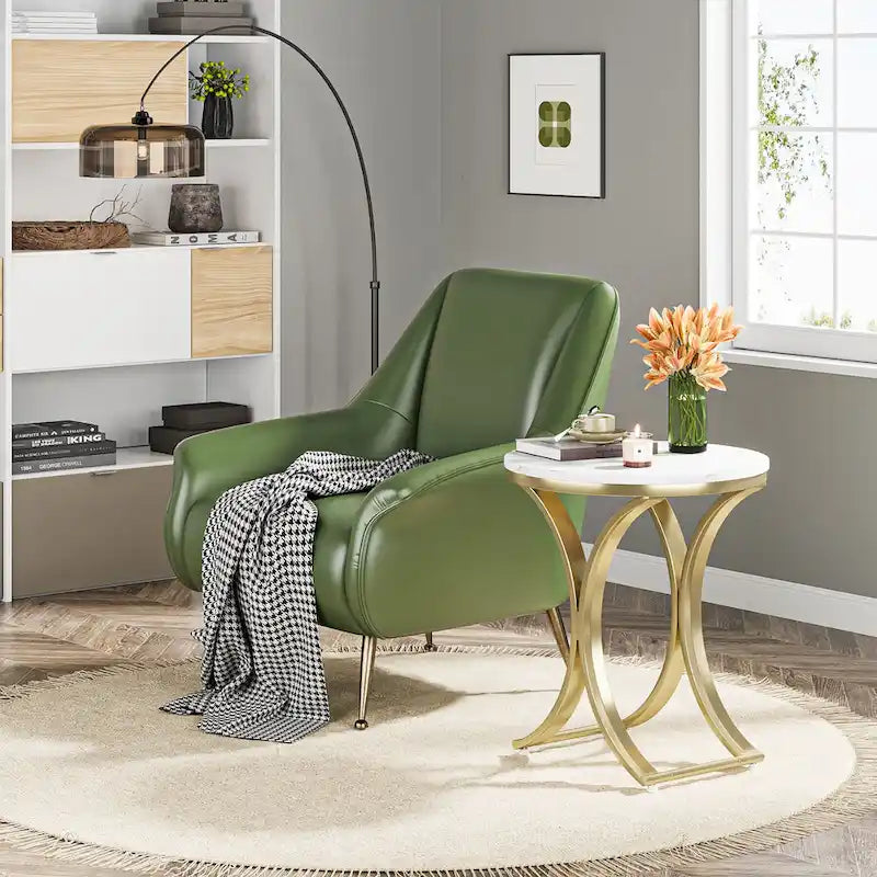 Table d'appoint ronde en forme de C, effet marbre blanc+or / marron rétro+noir, 1 personne