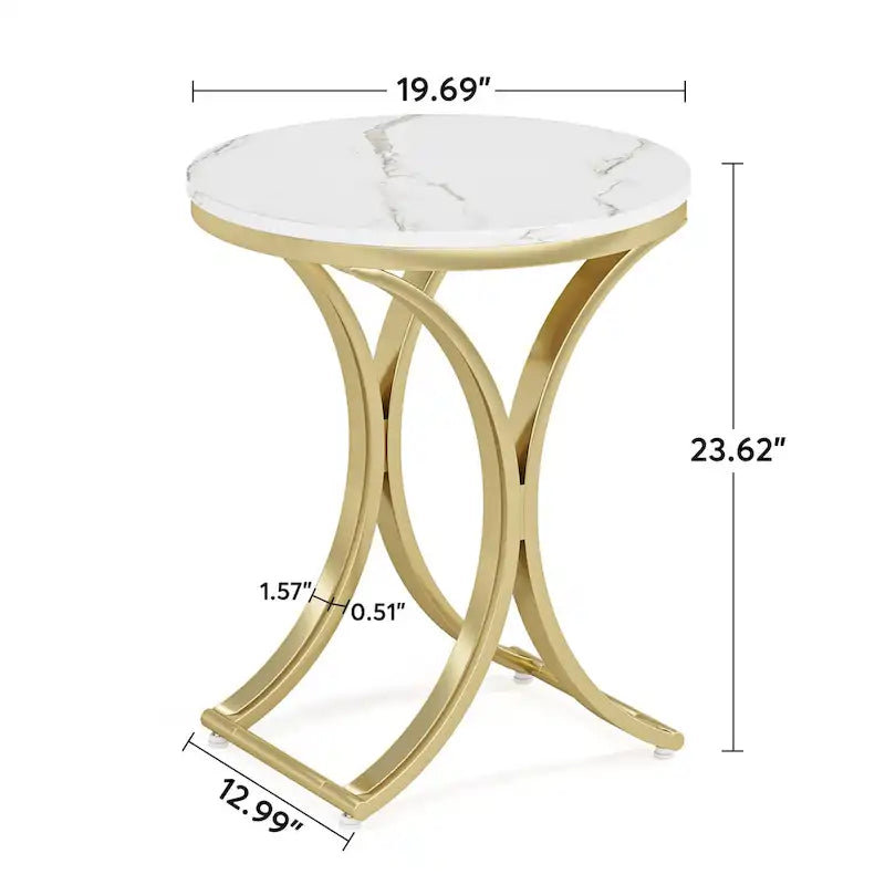 Table d'appoint ronde en forme de C, effet marbre blanc+or / marron rétro+noir, 1 personne