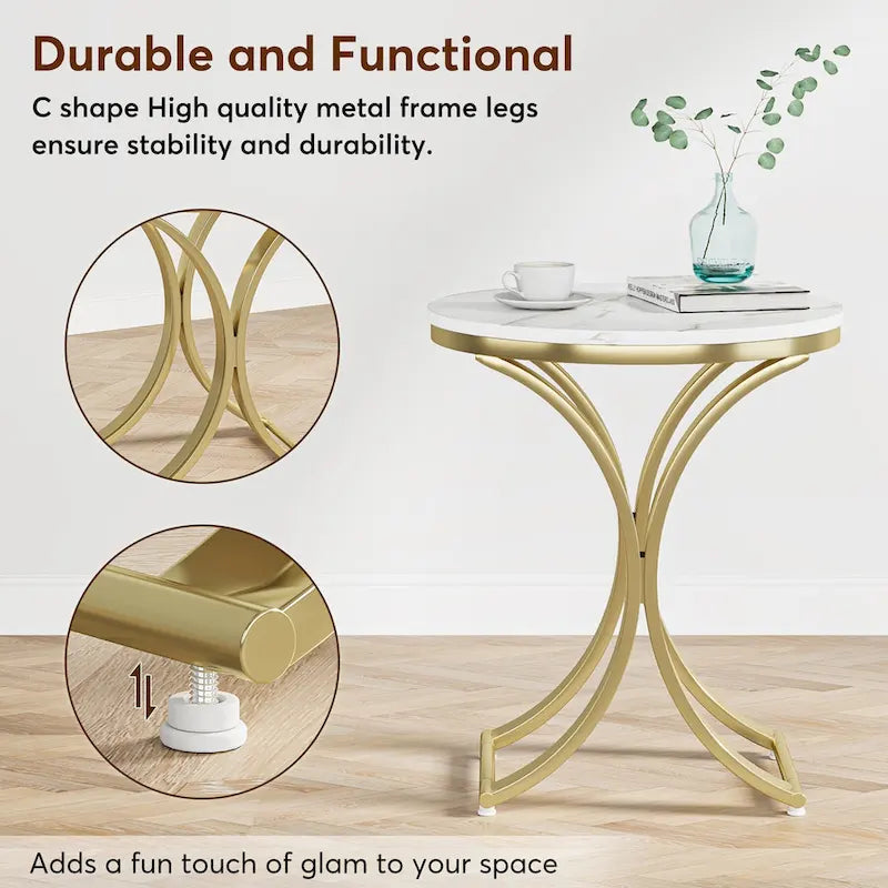 Table d'appoint ronde en forme de C, effet marbre blanc+or / marron rétro+noir, 1 personne