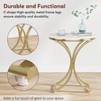 Table d'appoint ronde en forme de C, effet marbre blanc+or / marron rétro+noir, 1 personne