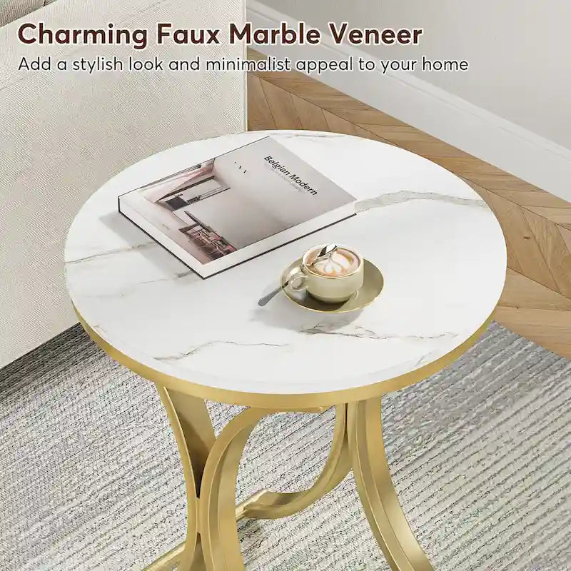 Table d'appoint ronde en forme de C, effet marbre blanc+or / marron rétro+noir, 1 personne
