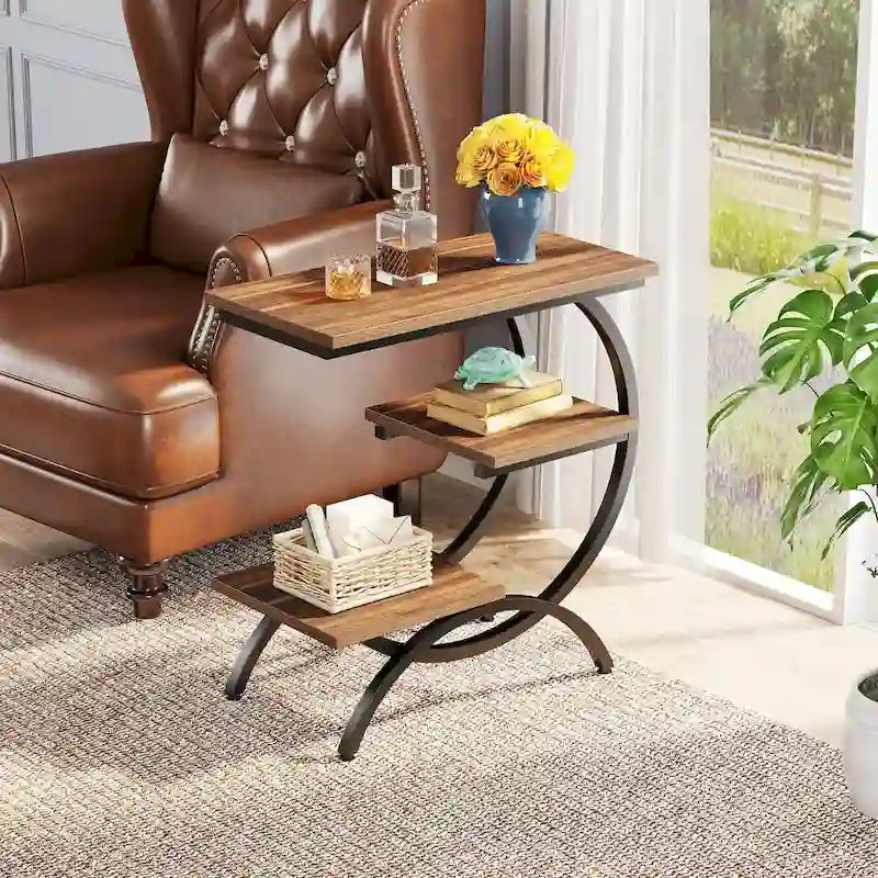 Table d'appoint industrielle en forme de C à 3 niveaux, marron rustique (1 ou 2 pièces)