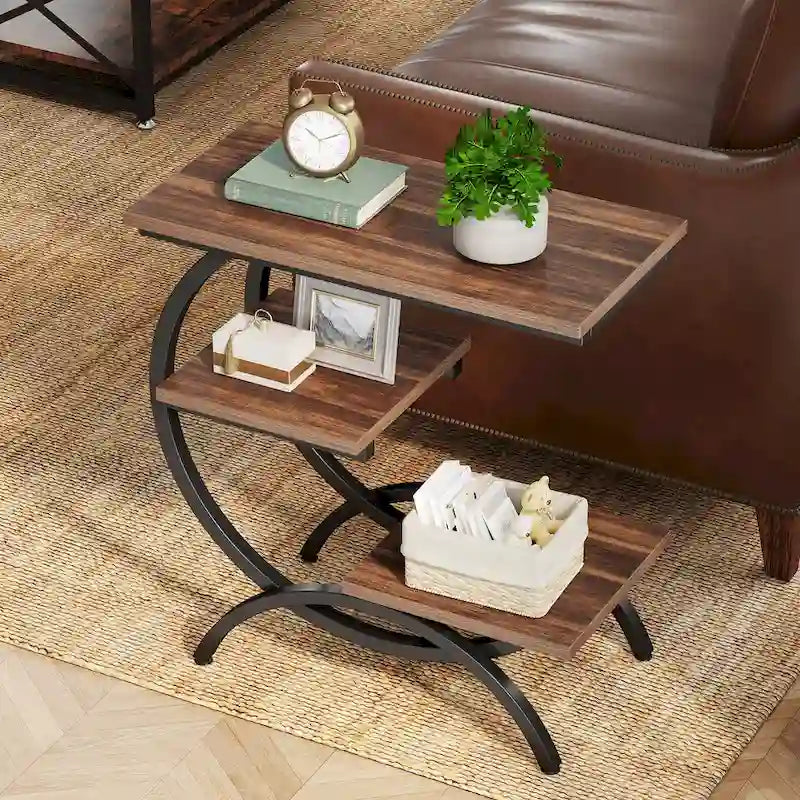 Table d'appoint industrielle en forme de C à 3 niveaux, marron rustique (1 ou 2 pièces)