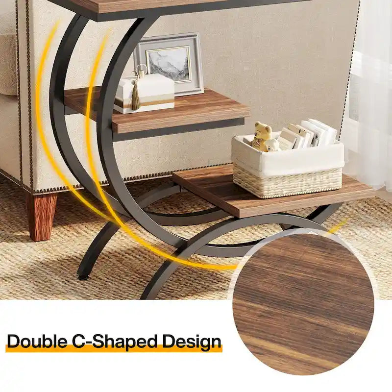 Table d'appoint industrielle en forme de C à 3 niveaux, marron rustique (1 ou 2 pièces)