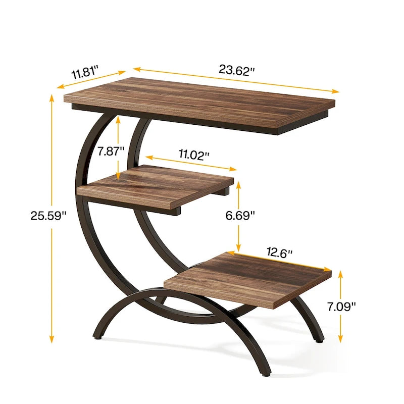 Table d'appoint industrielle en forme de C à 3 niveaux, marron rustique (1 ou 2 pièces)