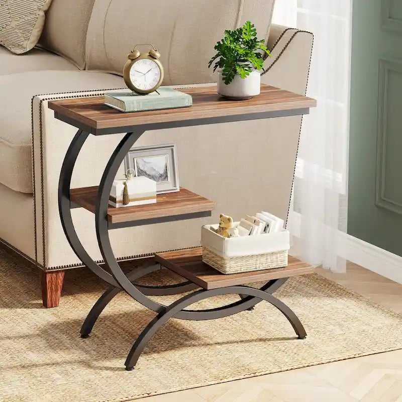 Table d'appoint industrielle en forme de C à 3 niveaux, marron rustique (1 ou 2 pièces)
