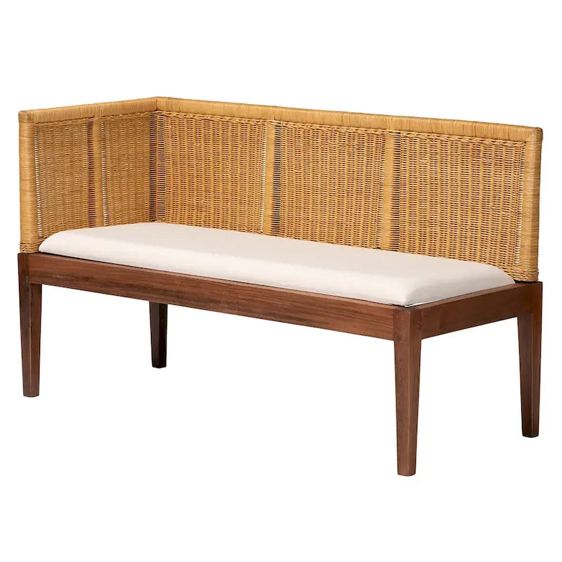 Ensemble de banquette d'angle repas 2 places en rotin marron et blanc naturel / bois d'acacia (Lot de 2)