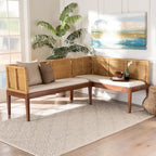 Ensemble de banquette d'angle repas 2 places en rotin marron et blanc naturel / bois d'acacia (Lot de 2)