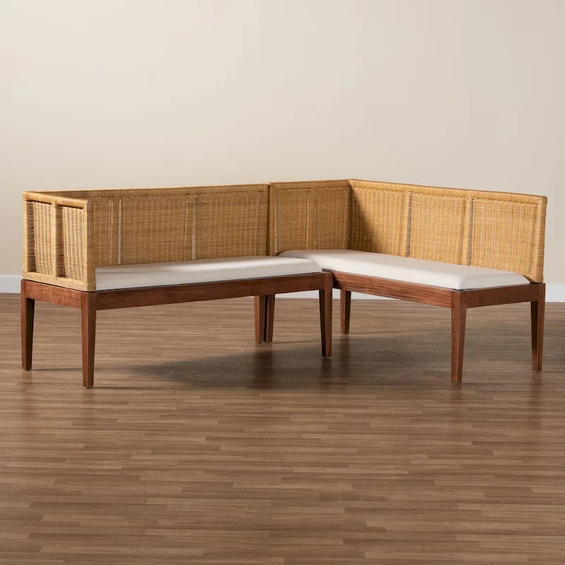 Ensemble de banquette d'angle repas 2 places en rotin marron et blanc naturel / bois d'acacia (Lot de 2)