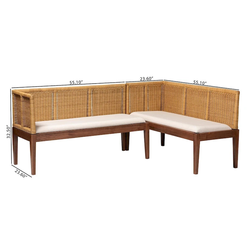 Ensemble de banquette d'angle repas 2 places en rotin marron et blanc naturel / bois d'acacia (Lot de 2)