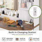 Coiffeuse simple avec miroir éclairé et station de recharge, Noyer / Blanc