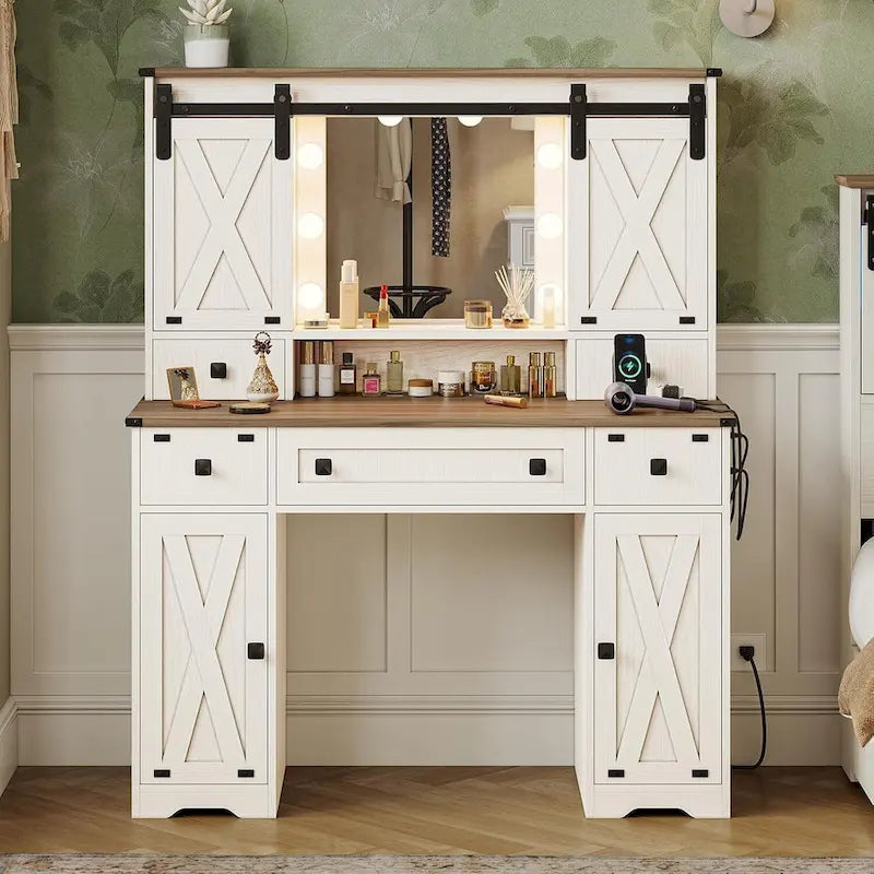 Coiffeuse simple avec miroir éclairé et station de recharge, Noyer / Blanc