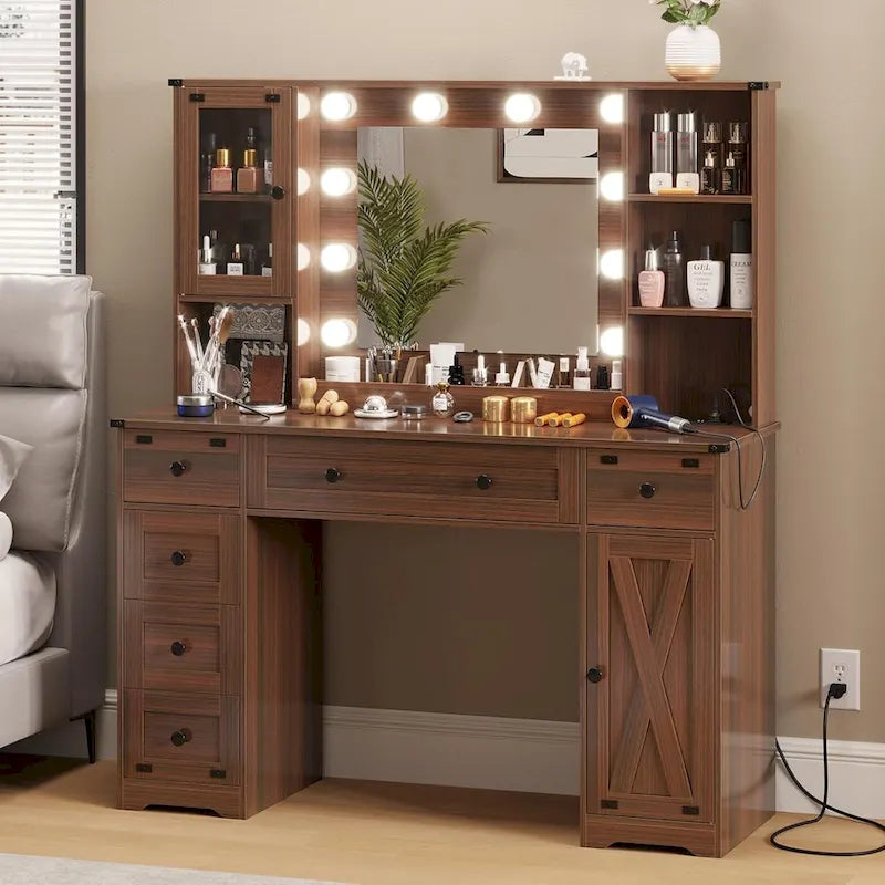 Coiffeuse simple avec miroir éclairé et station de recharge, Noyer / Blanc