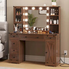 Coiffeuse simple avec miroir éclairé et station de recharge, Noyer / Blanc