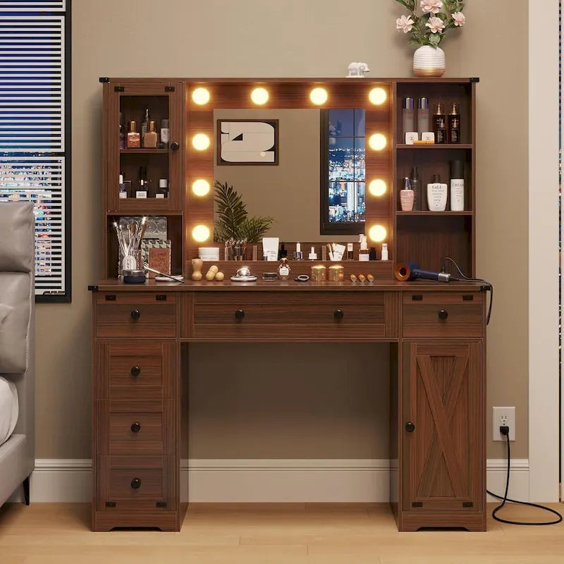 Coiffeuse simple avec miroir éclairé et station de recharge, Noyer / Blanc