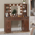 Coiffeuse simple avec miroir éclairé et station de recharge, Noyer / Blanc