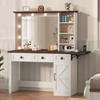 Coiffeuse simple avec miroir éclairé et station de recharge, Noyer / Blanc