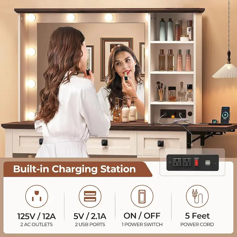 Coiffeuse simple avec miroir éclairé et station de recharge, Noyer / Blanc