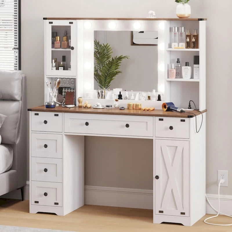 Coiffeuse simple avec miroir éclairé et station de recharge, Noyer / Blanc