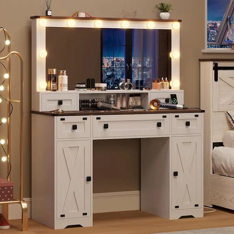 Coiffeuse simple avec miroir éclairé et station de recharge, Noyer / Blanc