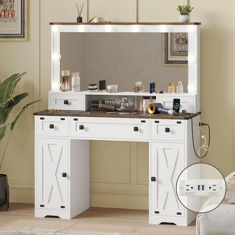 Coiffeuse simple avec miroir éclairé et station de recharge, Noyer / Blanc
