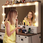 Coiffeuse simple avec miroir éclairé et station de recharge, Noyer / Blanc