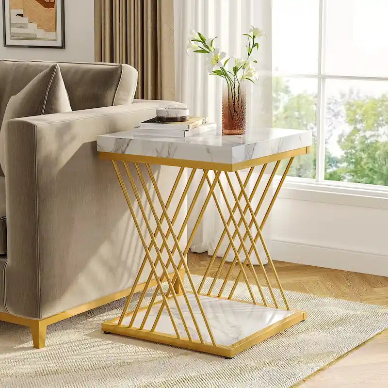 Table d'appoint carrée, style moderne du milieu du siècle, faux marbre blanc+or / gris+noir