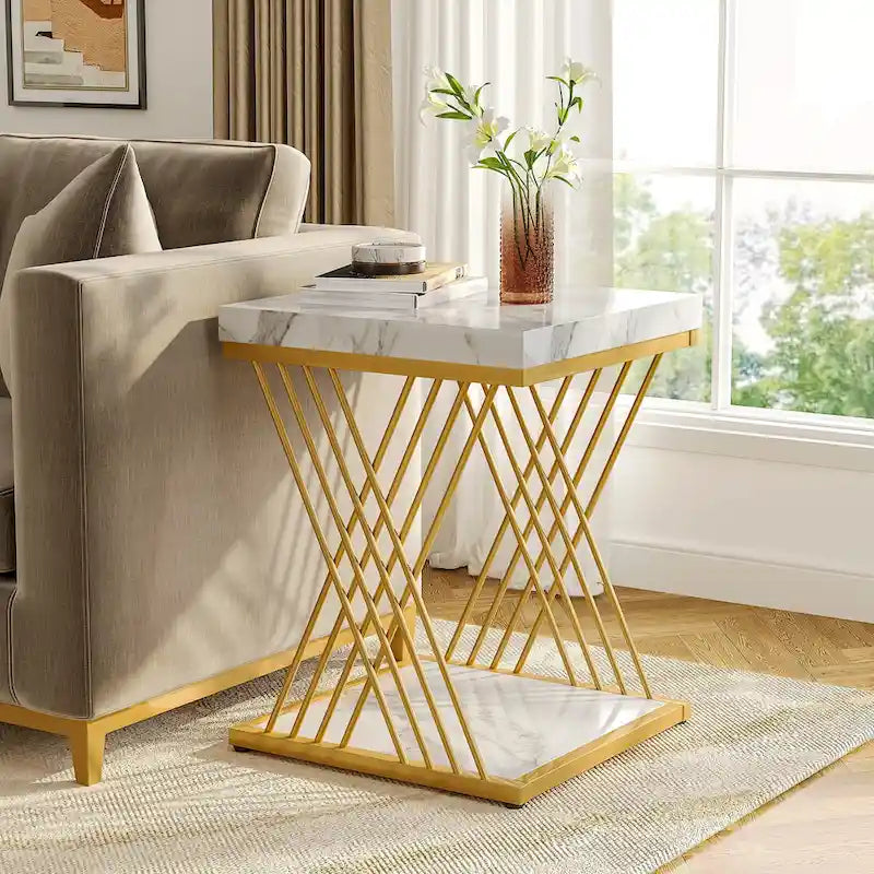 Table d'appoint carrée, style moderne du milieu du siècle, faux marbre blanc+or / gris+noir