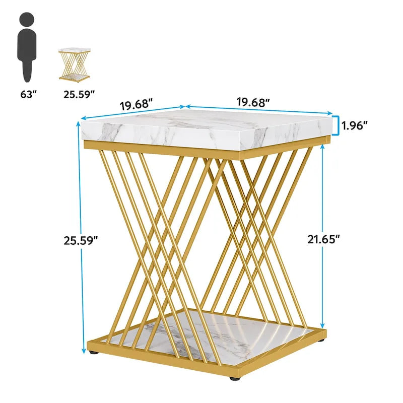 Table d'appoint carrée, style moderne du milieu du siècle, faux marbre blanc+or / gris+noir