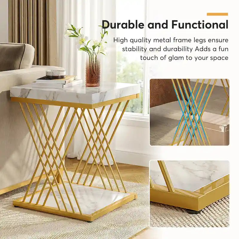 Table d'appoint carrée, style moderne du milieu du siècle, faux marbre blanc+or / gris+noir