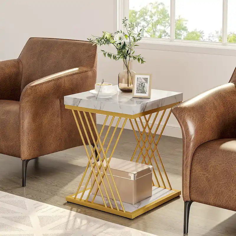 Table d'appoint carrée, style moderne du milieu du siècle, faux marbre blanc+or / gris+noir