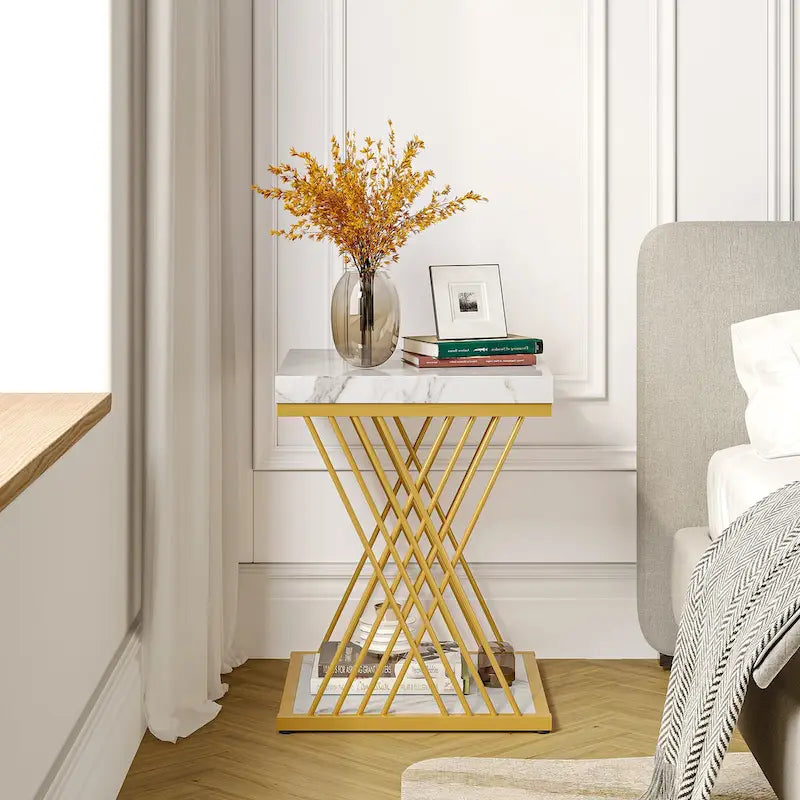 Table d'appoint carrée, style moderne du milieu du siècle, faux marbre blanc+or / gris+noir