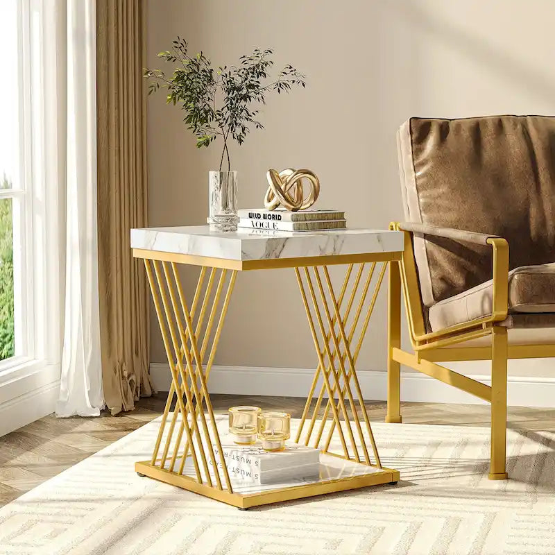 Table d'appoint carrée, style moderne du milieu du siècle, faux marbre blanc+or / gris+noir