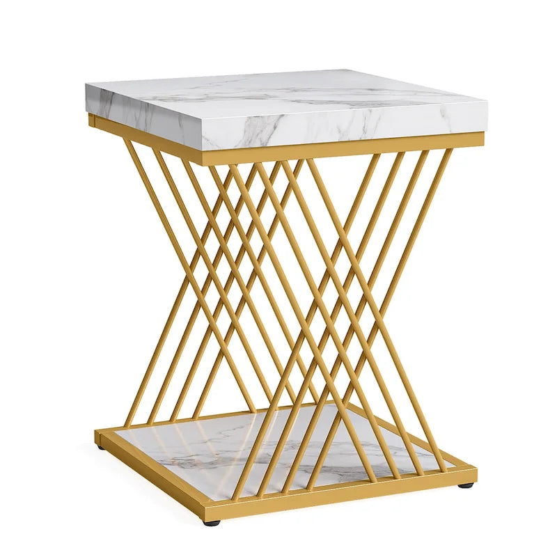 Table d'appoint carrée, style moderne du milieu du siècle, faux marbre blanc+or / gris+noir