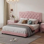 Lit plateforme tapissé en velours, taille Queen, avec tête de lit capitonnée