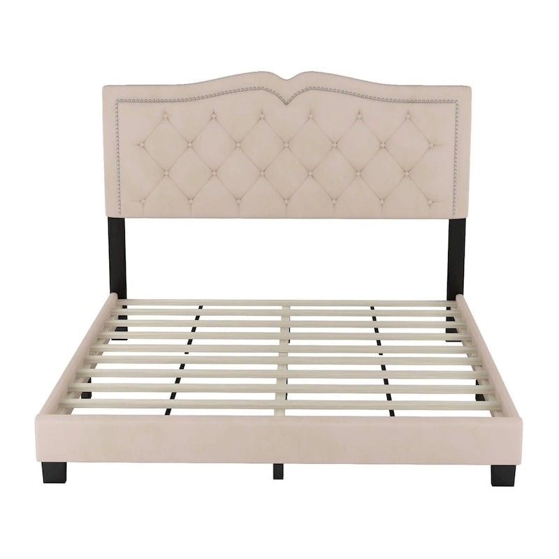 Lit plateforme tapissé en velours, taille Queen, avec tête de lit capitonnée