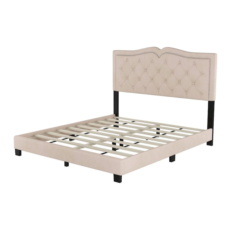 Lit plateforme tapissé en velours, taille Queen, avec tête de lit capitonnée